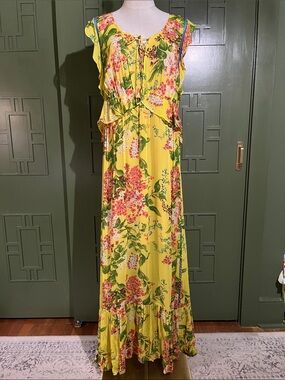 Tracy Reese Yellow Floral Maxi Dress with Pink and Green Print.